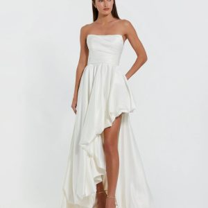 White Strapless Ruched High Low Gown
