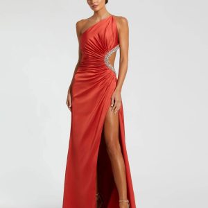 Red Jewel-Embellished Side Cut-Out A-Line Gown
