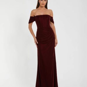 Red Off-the-Shoulder Velvet Bustier Gown
