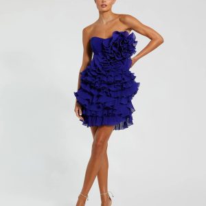 Blue Strapless Tiered Ruffle Mini Dress