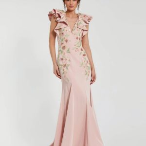 Pink Flutter Sleeve Embellished Mermaid Gown