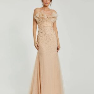 Beige Strapless Embellished Tulle Mermaid Gown