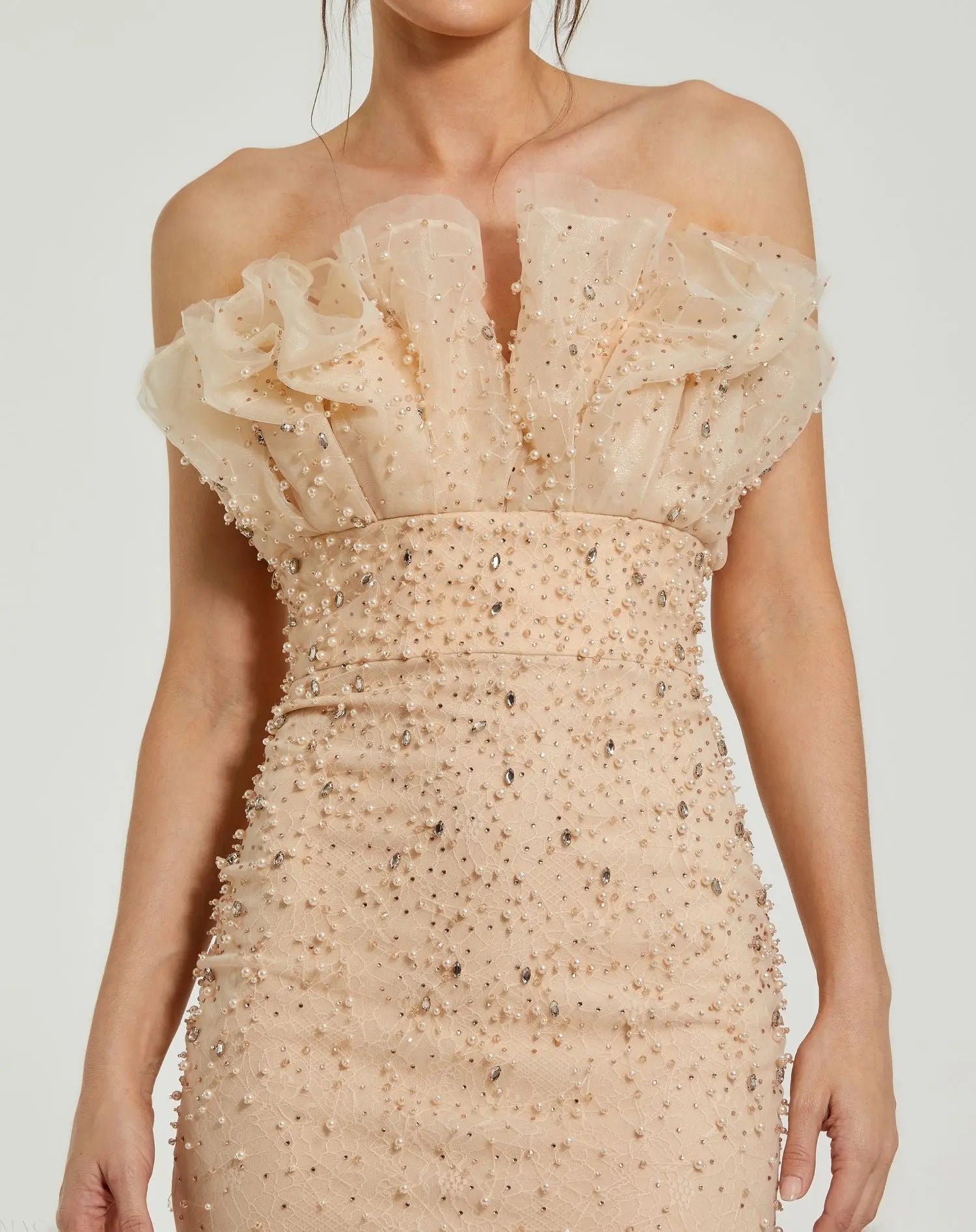 Beige Strapless Embellished Tulle Mermaid Gown - Image 2