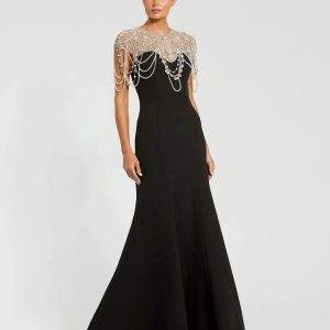 Black Draped Pearl Beaded Mermaid Gown