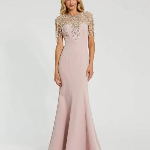 Pink Draped Pearl Beaded Mermaid Gown