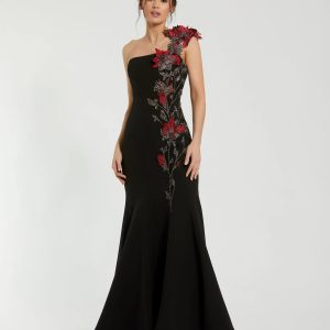 Black One Shoulder Embroidered Mermaid Gown