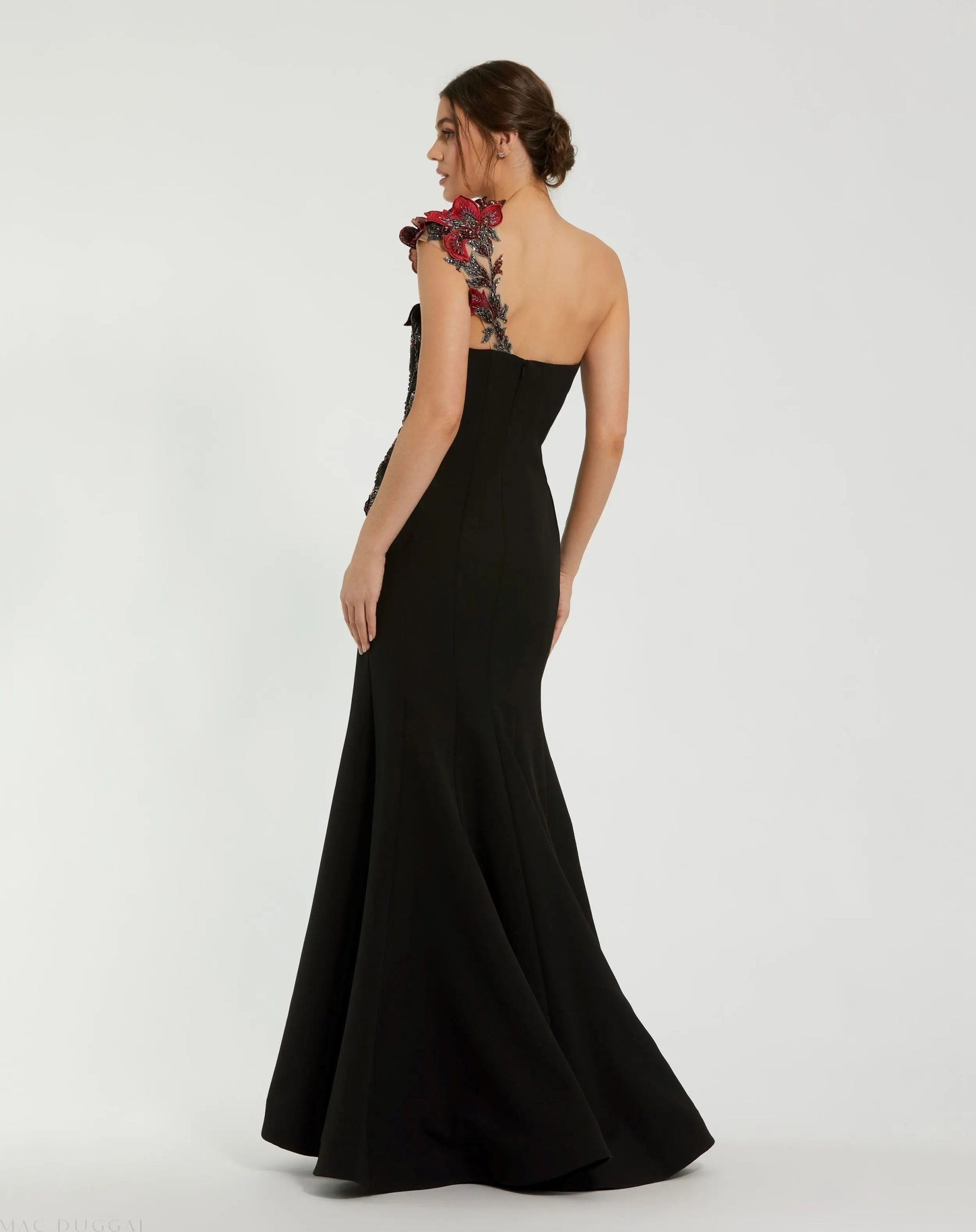 Black One Shoulder Embroidered Mermaid Gown - Image 3