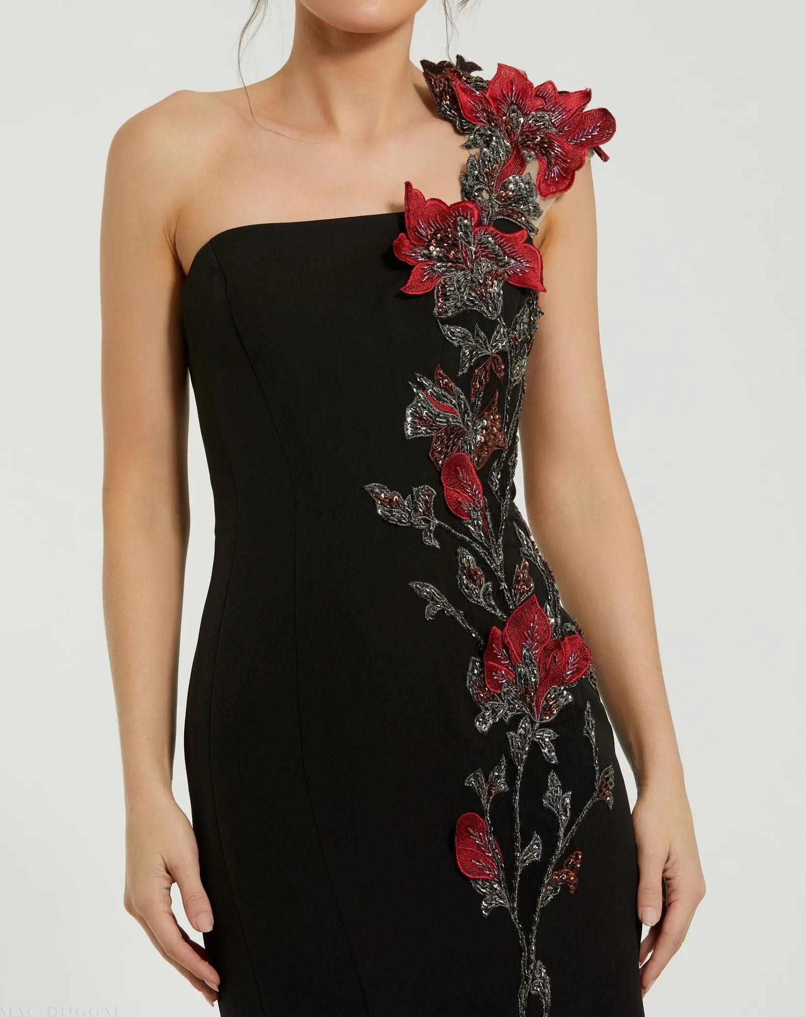 Black One Shoulder Embroidered Mermaid Gown - Image 2