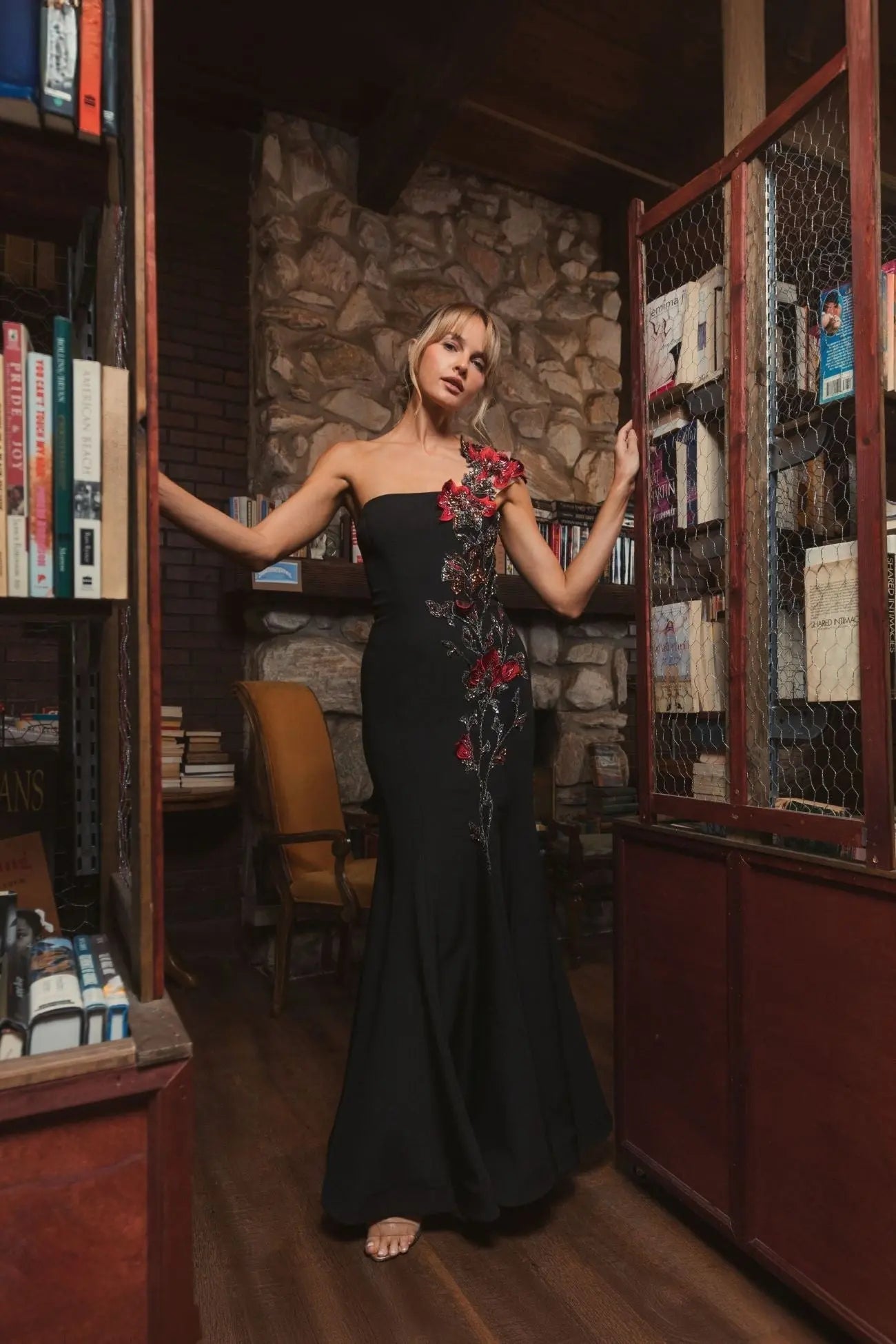 Black One Shoulder Embroidered Mermaid Gown - Image 5