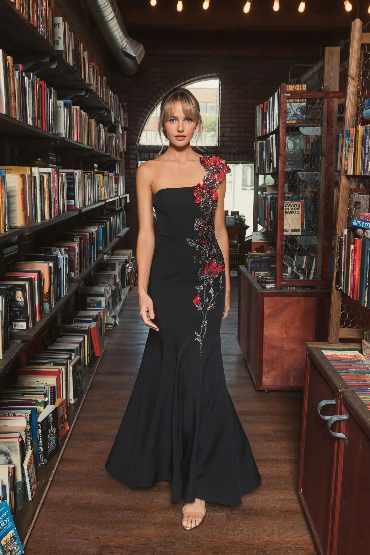 Black One Shoulder Embroidered Mermaid Gown - Image 4