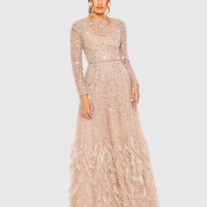 Pink Disc Embellished Sequin Gown with Feather Detail
