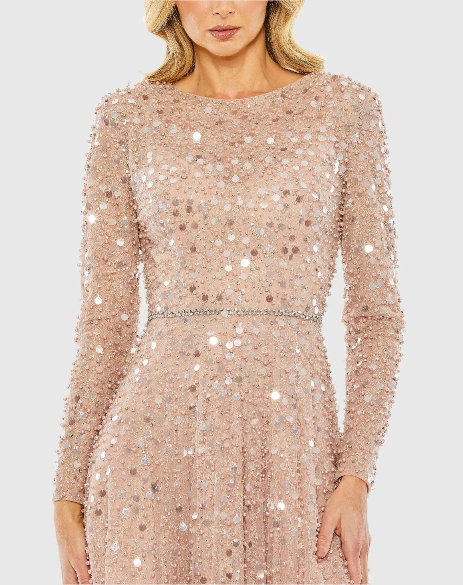 Pink Disc Embellished Sequin Gown with Feather Detail - Image 2