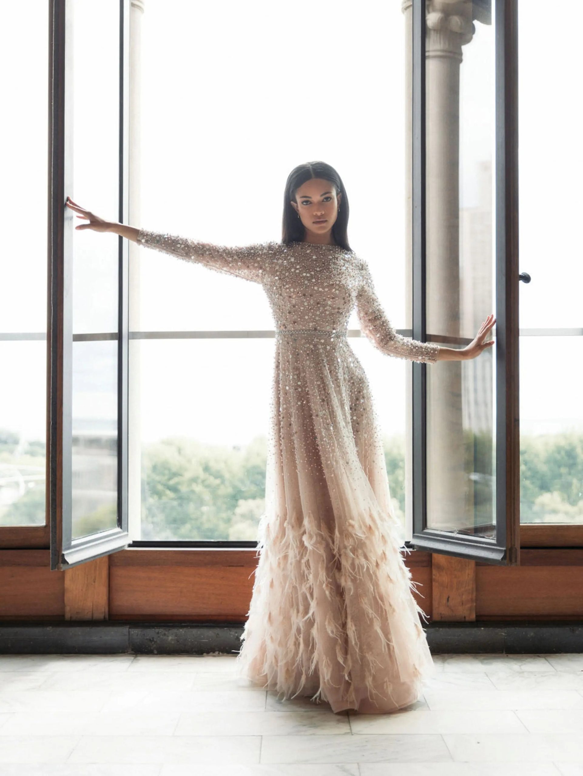 Pink Disc Embellished Sequin Gown with Feather Detail - Image 4