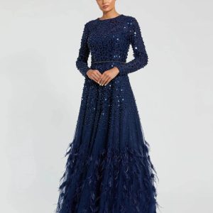 Navy Disc Embellished Sequin Gown with Feather Detail