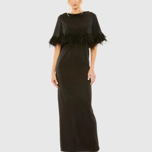 Black Short Sleeve Feather Detail Crystal Neckline Dress