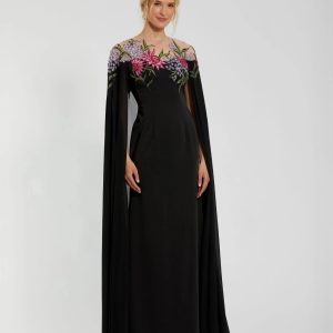 Black Sheer Cape Gown with Beaded Embroidery
