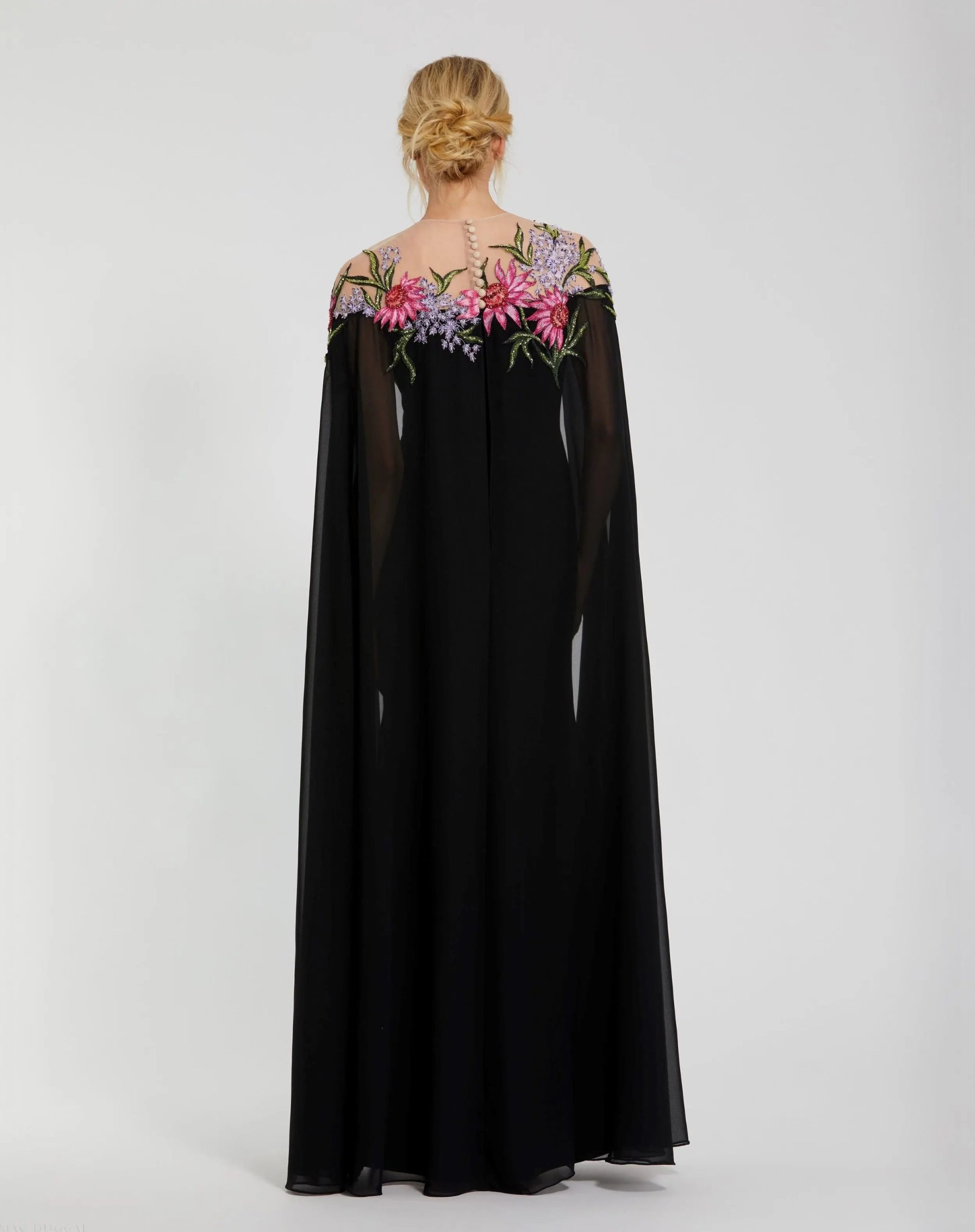 Black Sheer Cape Gown with Beaded Embroidery - Image 3