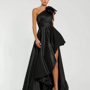 Black Satin One Shoulder Bow Gown