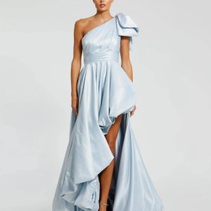 Blue Satin One Shoulder Bow Gown