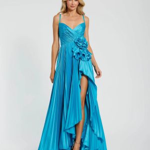 Blue Pleated High Low Gown With 3D Flower