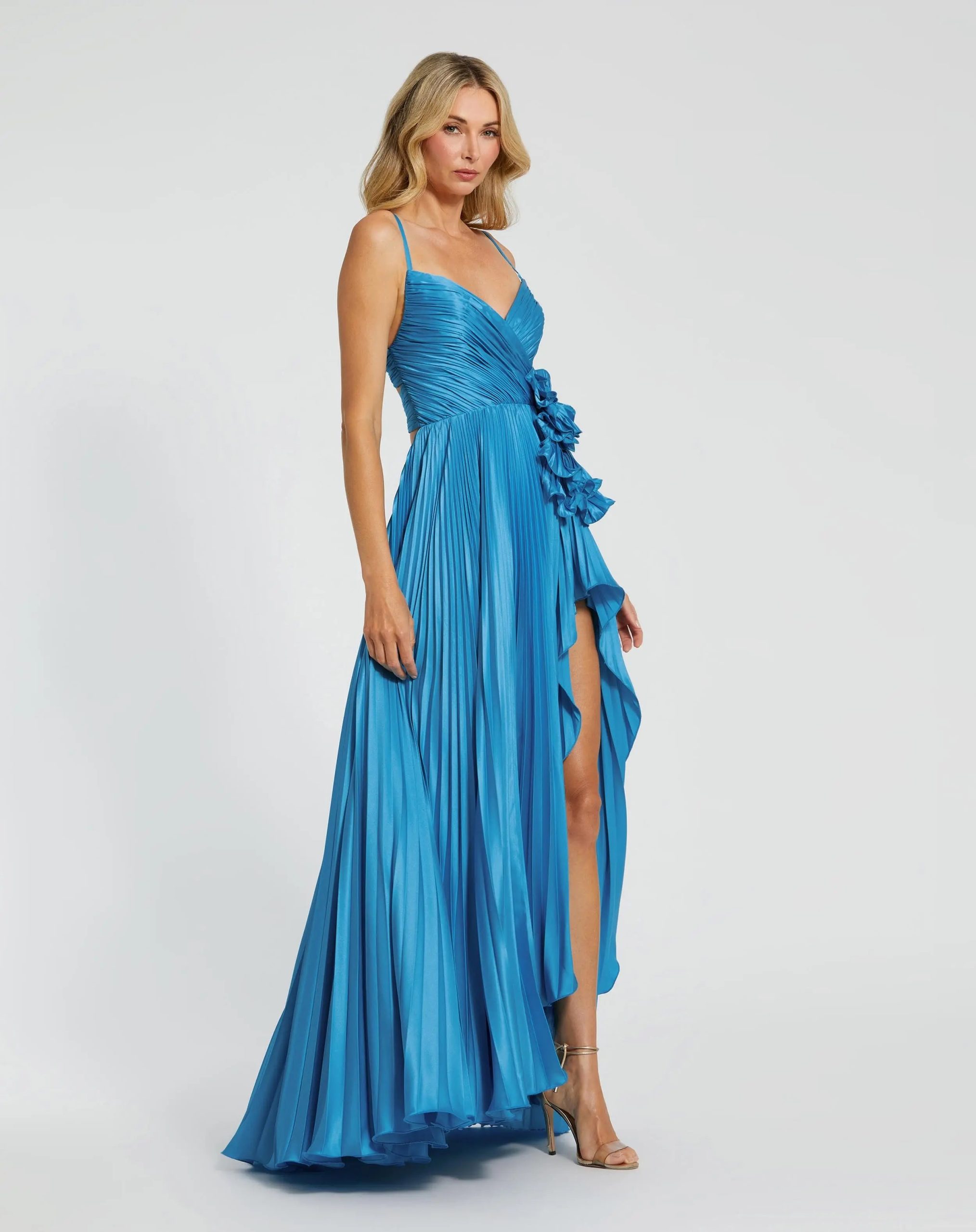 Blue Pleated High Low Gown With 3D Flower - Image 3