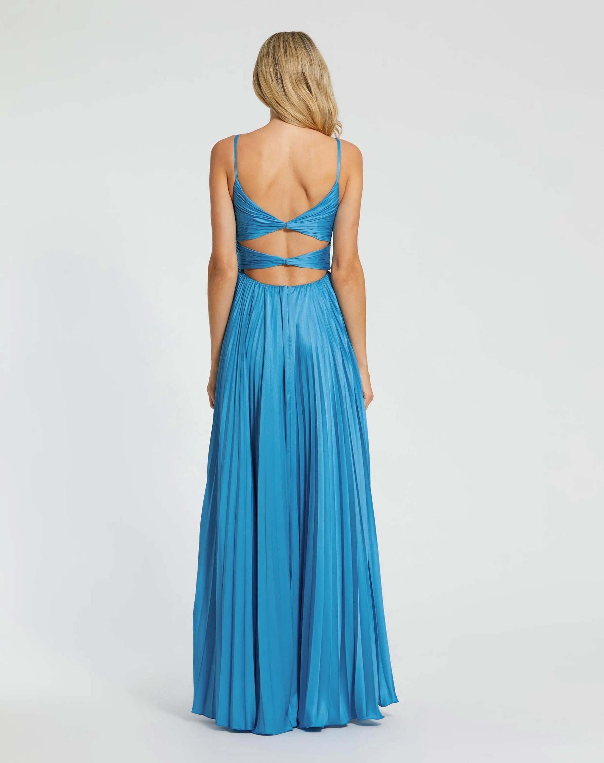 Blue Pleated High Low Gown With 3D Flower - Image 4