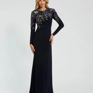 Navy Embellished Long Sleeve Fitted Jersey Gown