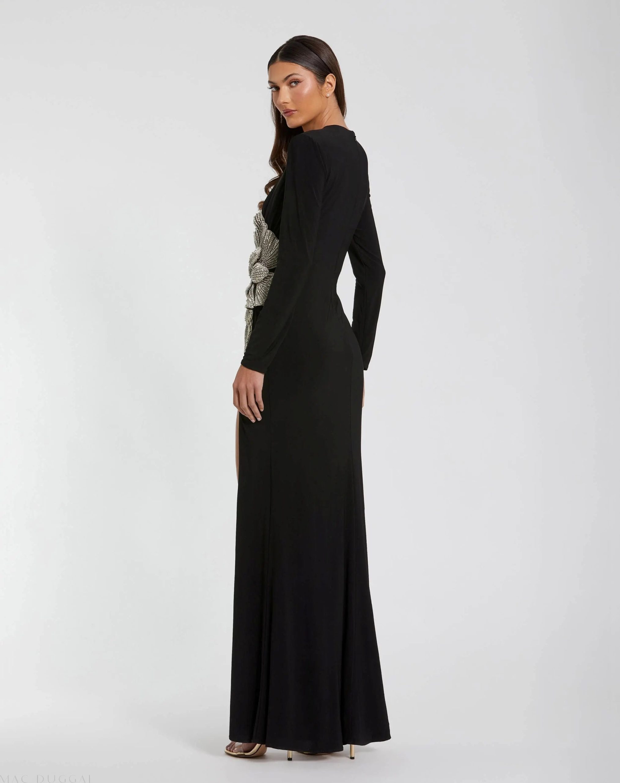 Black Jersey Gown With Embellished Flower - Image 3