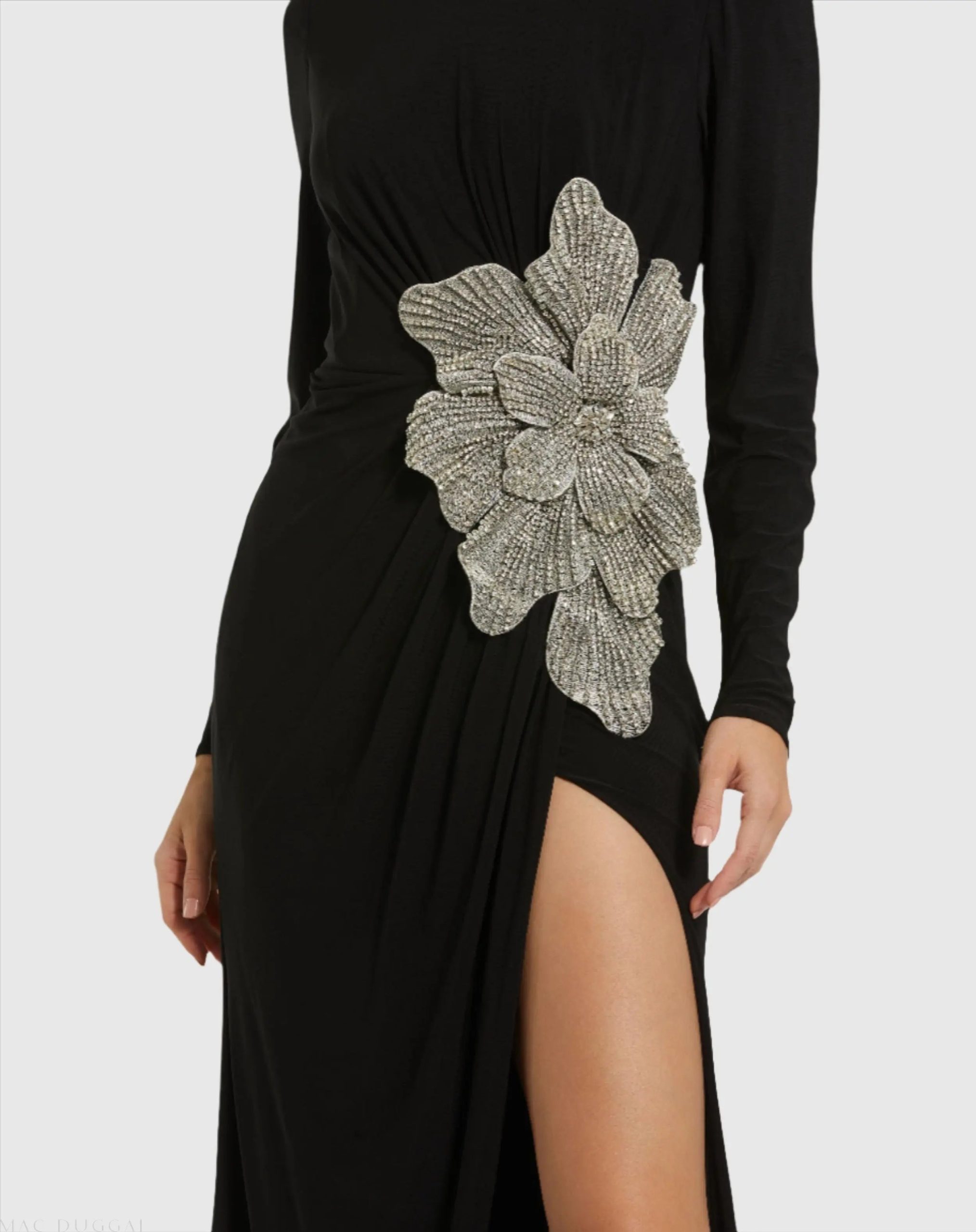 Black Jersey Gown With Embellished Flower - Image 2