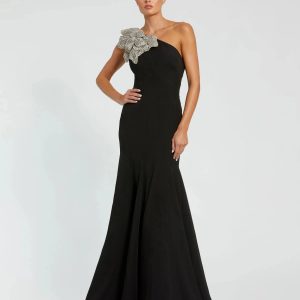 Black Crepe One Shoulder Gown With Crystal Flower