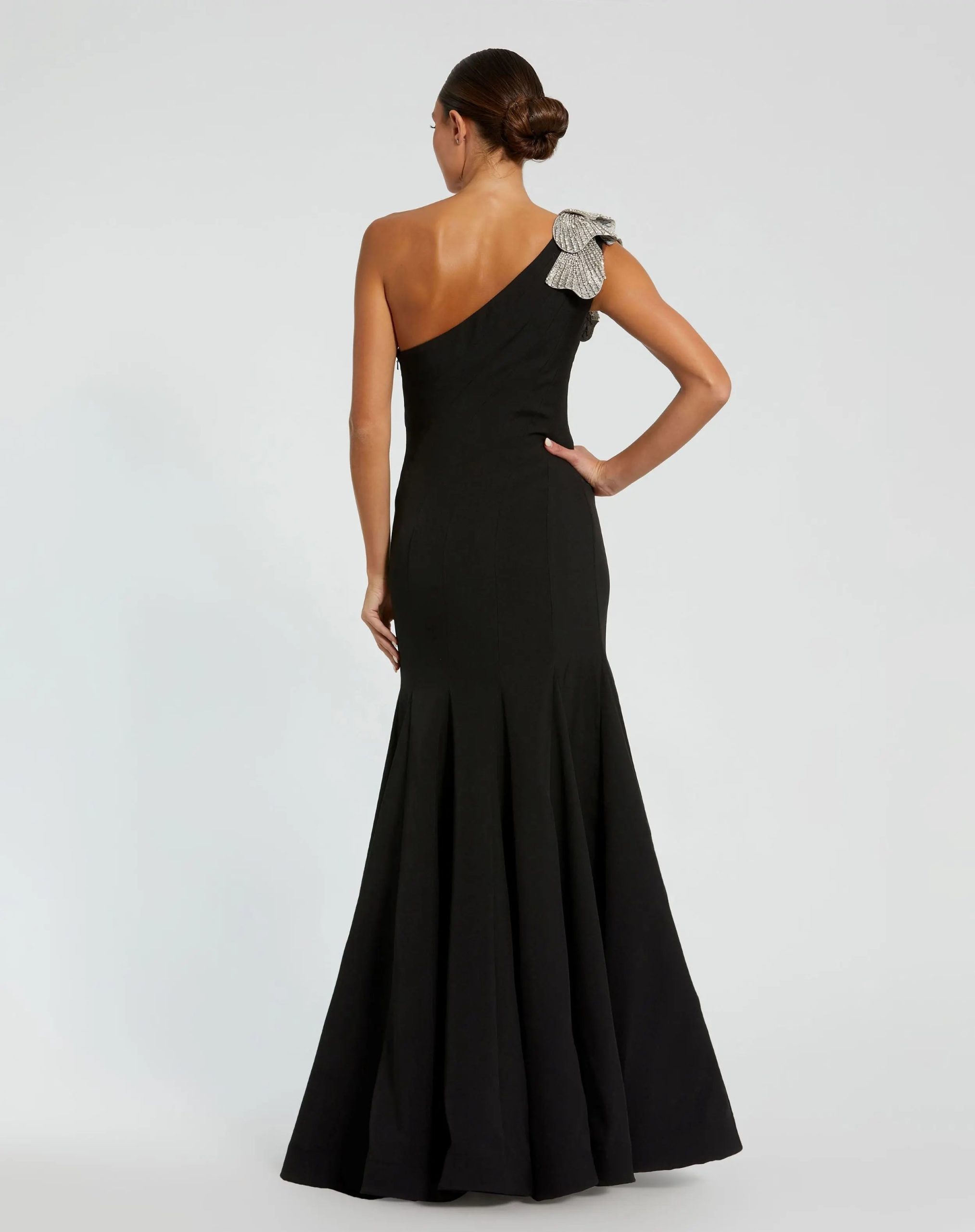 Black Crepe One Shoulder Gown With Crystal Flower - Image 3