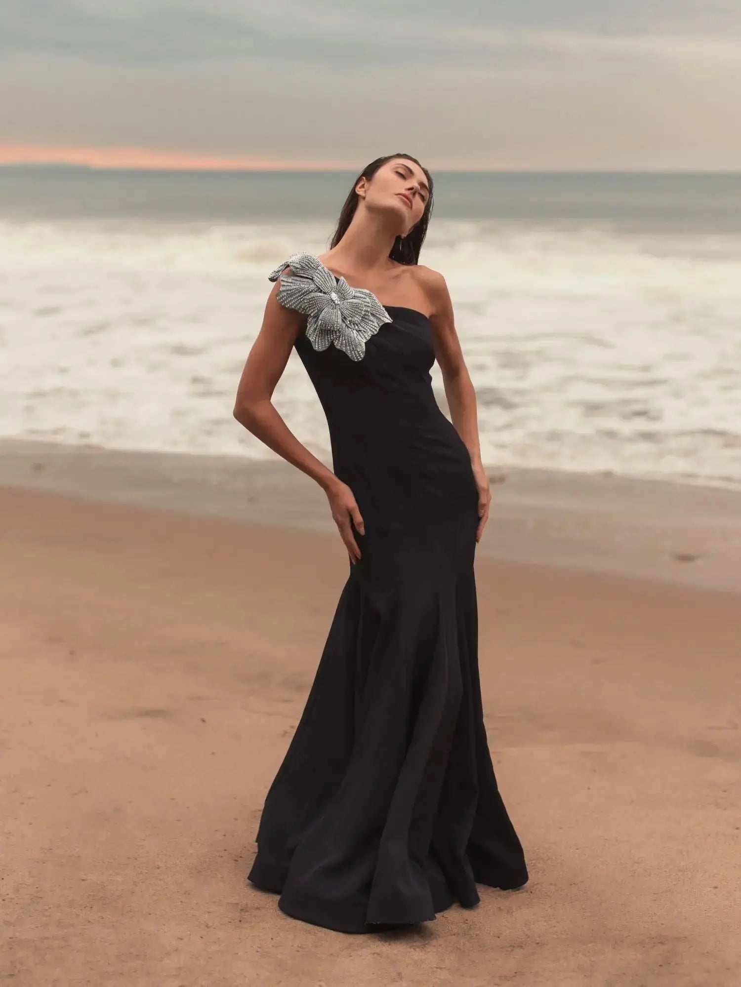 Petite Black Crepe One Shoulder Mermaid Gown With Flower - Image 5
