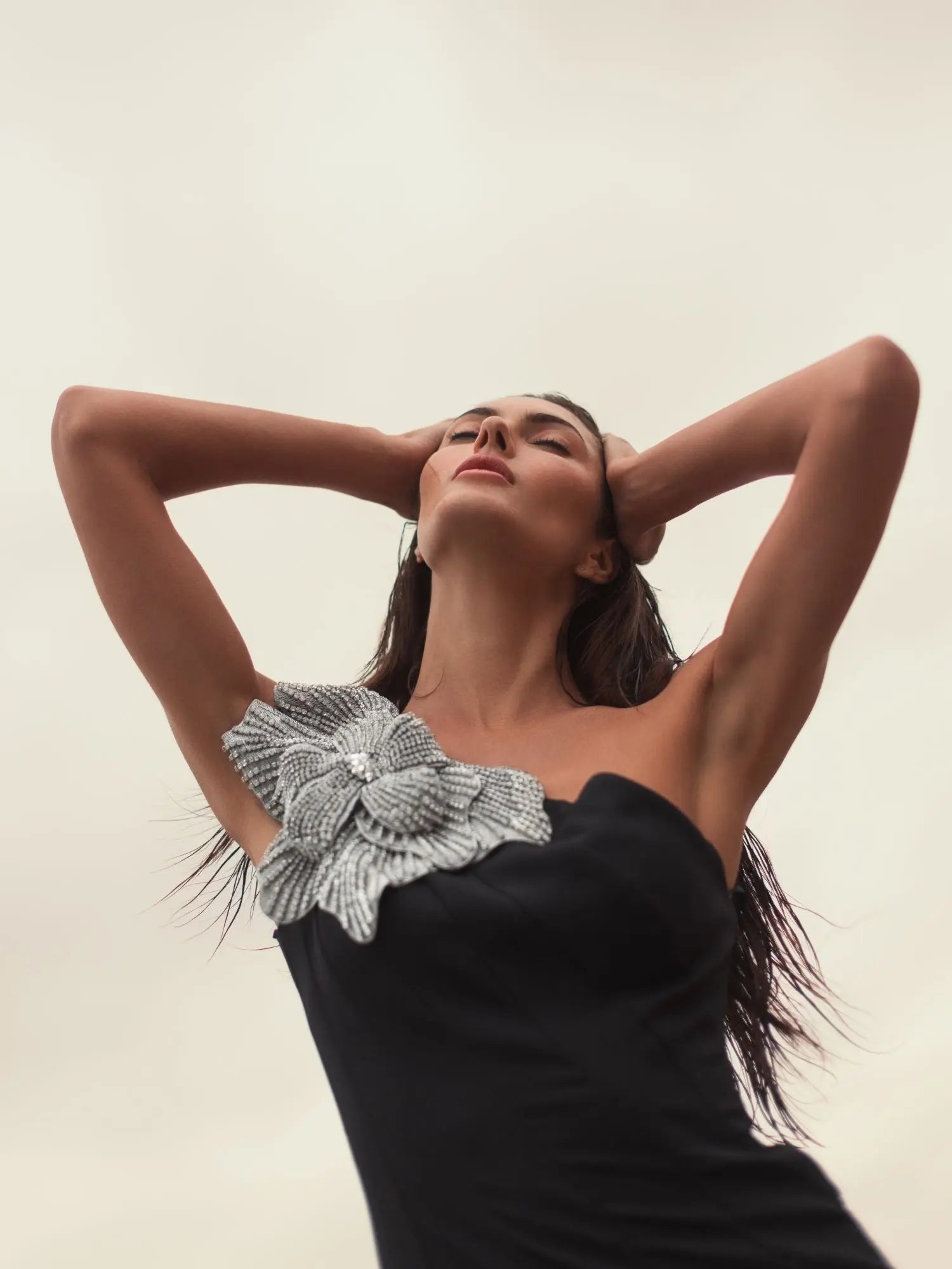 Black Crepe One Shoulder Gown With Crystal Flower - Image 6