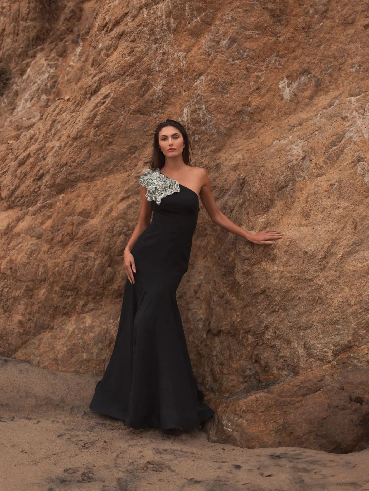 Black Crepe One Shoulder Gown With Crystal Flower - Image 4