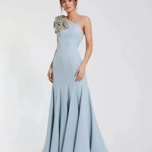 Blue Crepe One Shoulder Gown With Crystal Flower