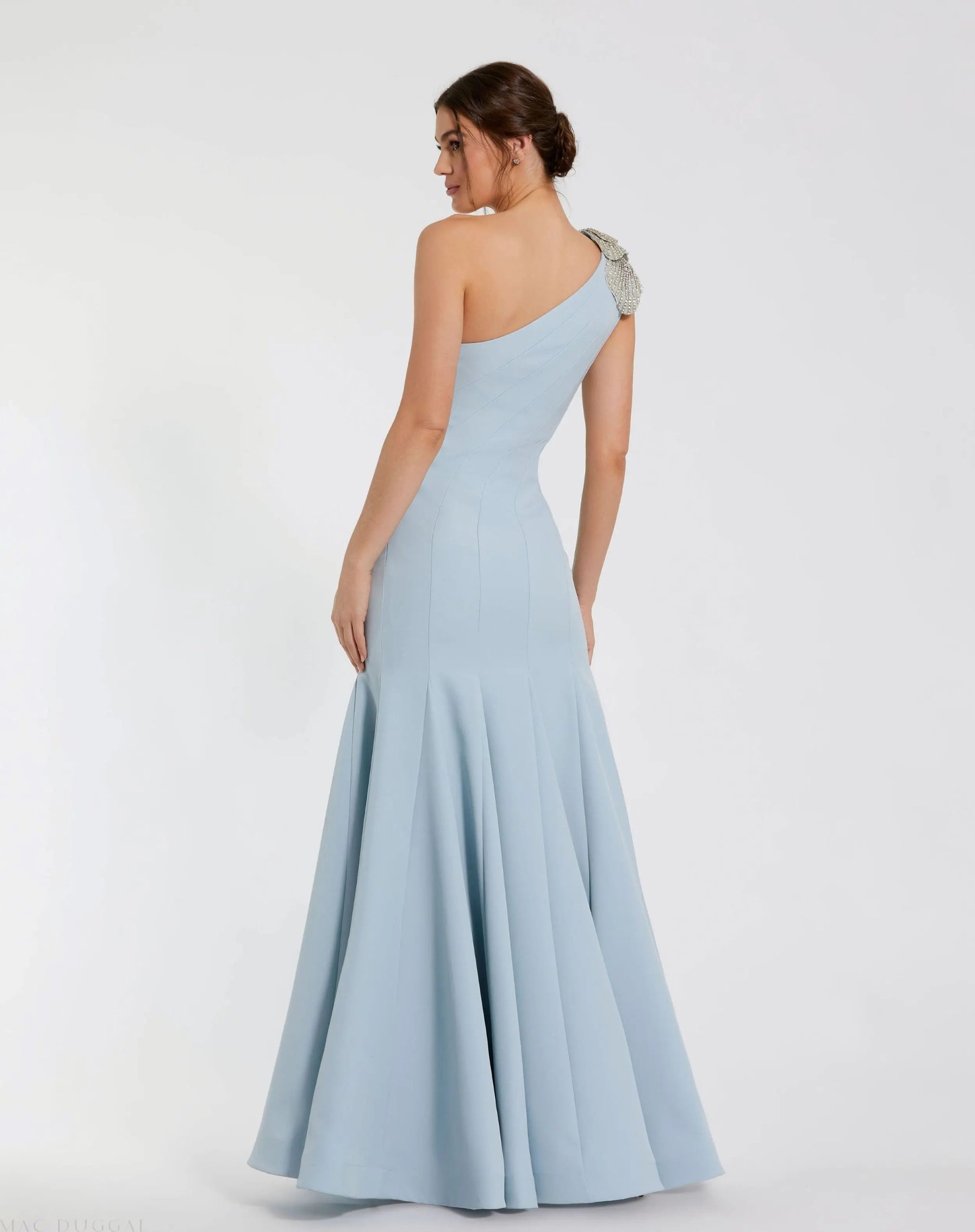 Blue Crepe One Shoulder Gown With Crystal Flower - Image 3