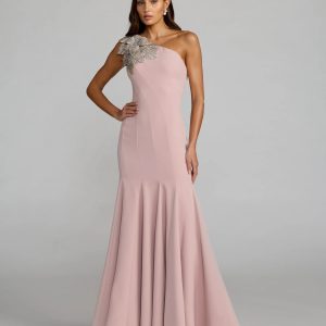 Pink Crepe One Shoulder Gown With Crystal Flower