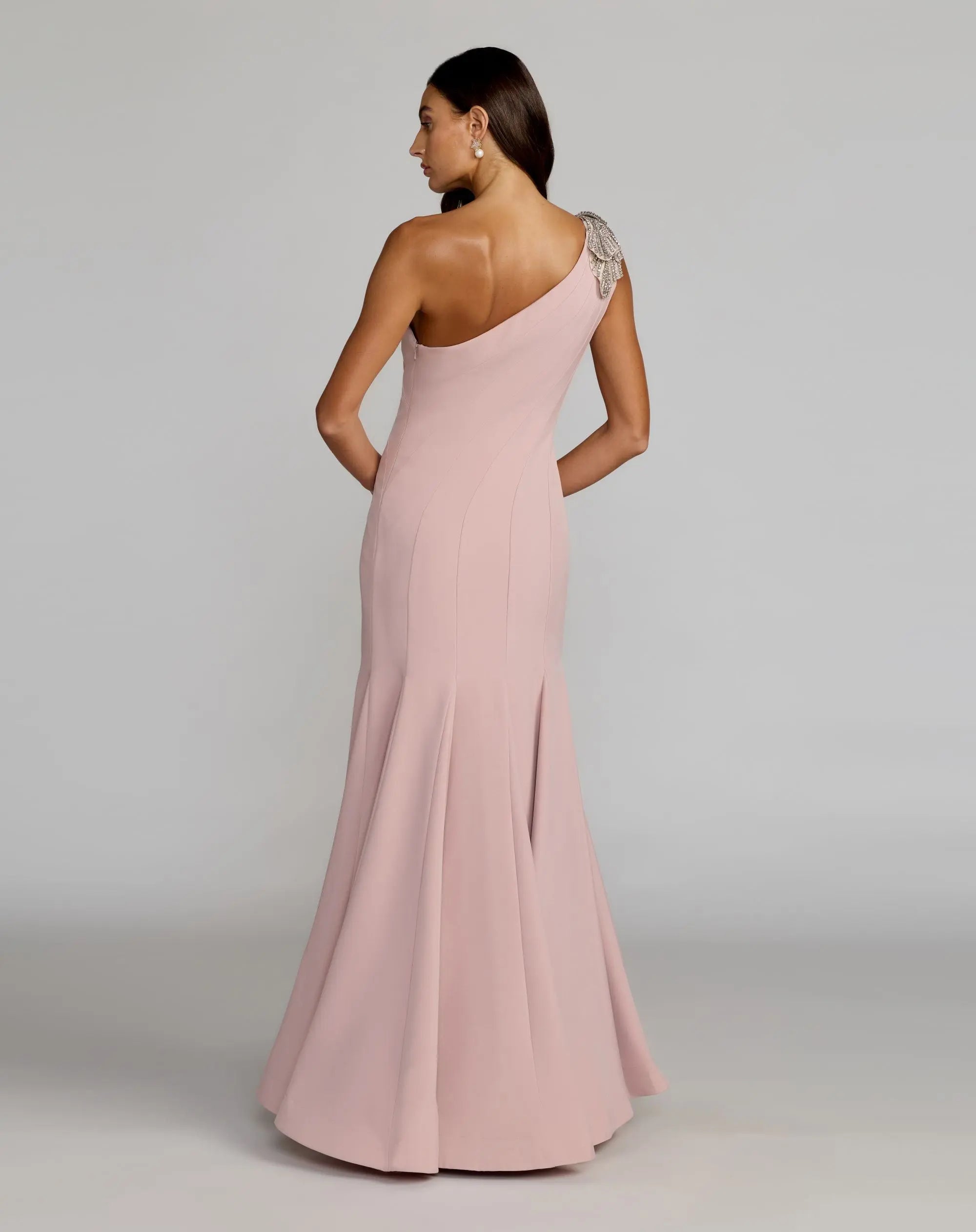 Pink Crepe One Shoulder Gown With Crystal Flower - Image 3