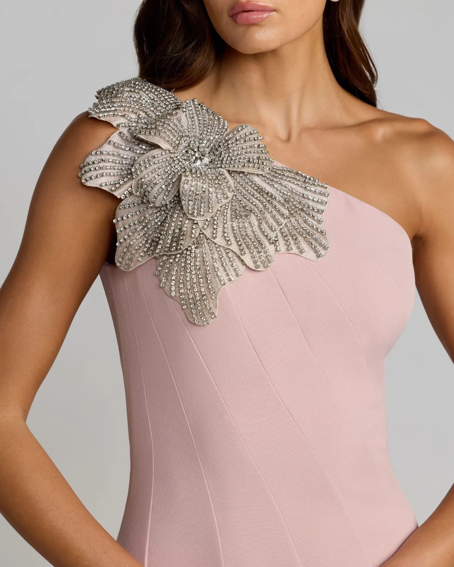 Pink Crepe One Shoulder Gown With Crystal Flower - Image 2