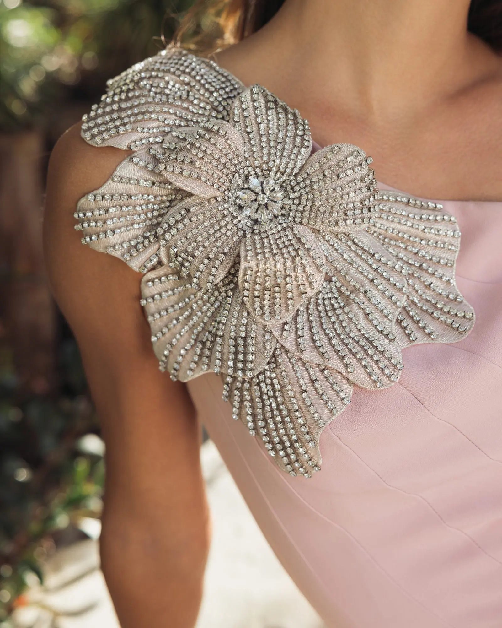 Pink Crepe One Shoulder Gown With Crystal Flower - Image 5