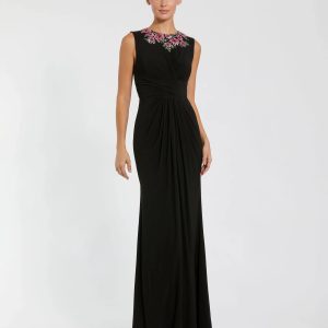 Black Jersey Twist Gown With Embellished Neckline