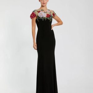 Black Floral Embellished Jersey Column Gown