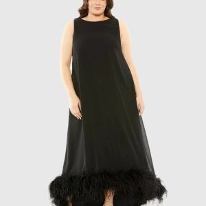 Black High Neck Feather Hem Gown