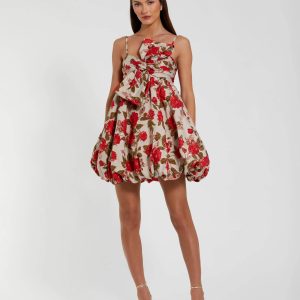 Multicolor Brocade Bubble Skirt Mini Dress with Bow