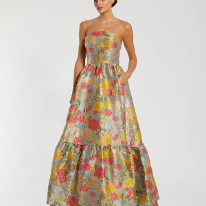 Multicolor Strapless Floral Brocade Dress with Ruffles