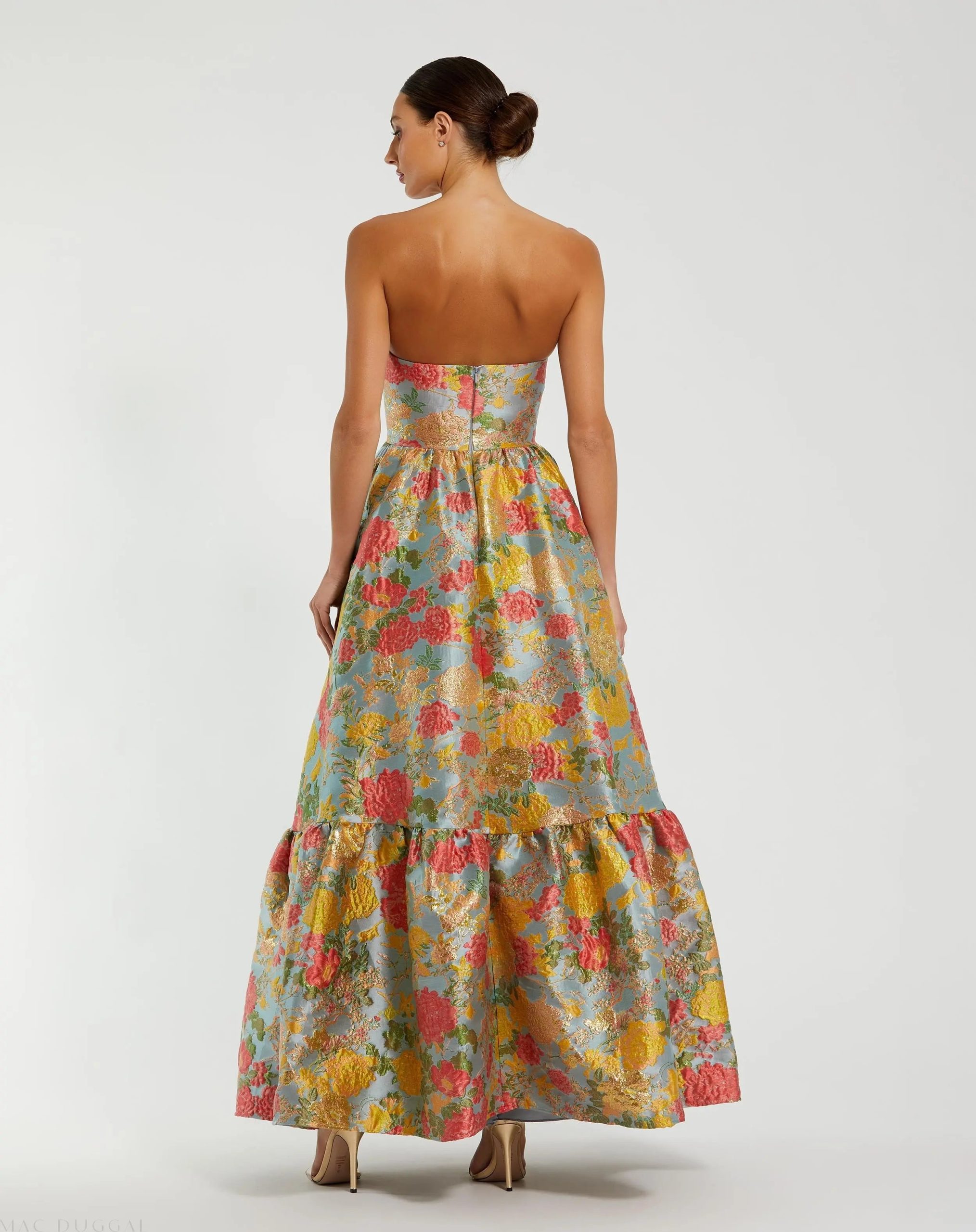 Multicolor Strapless Floral Brocade Dress with Ruffles - Image 3
