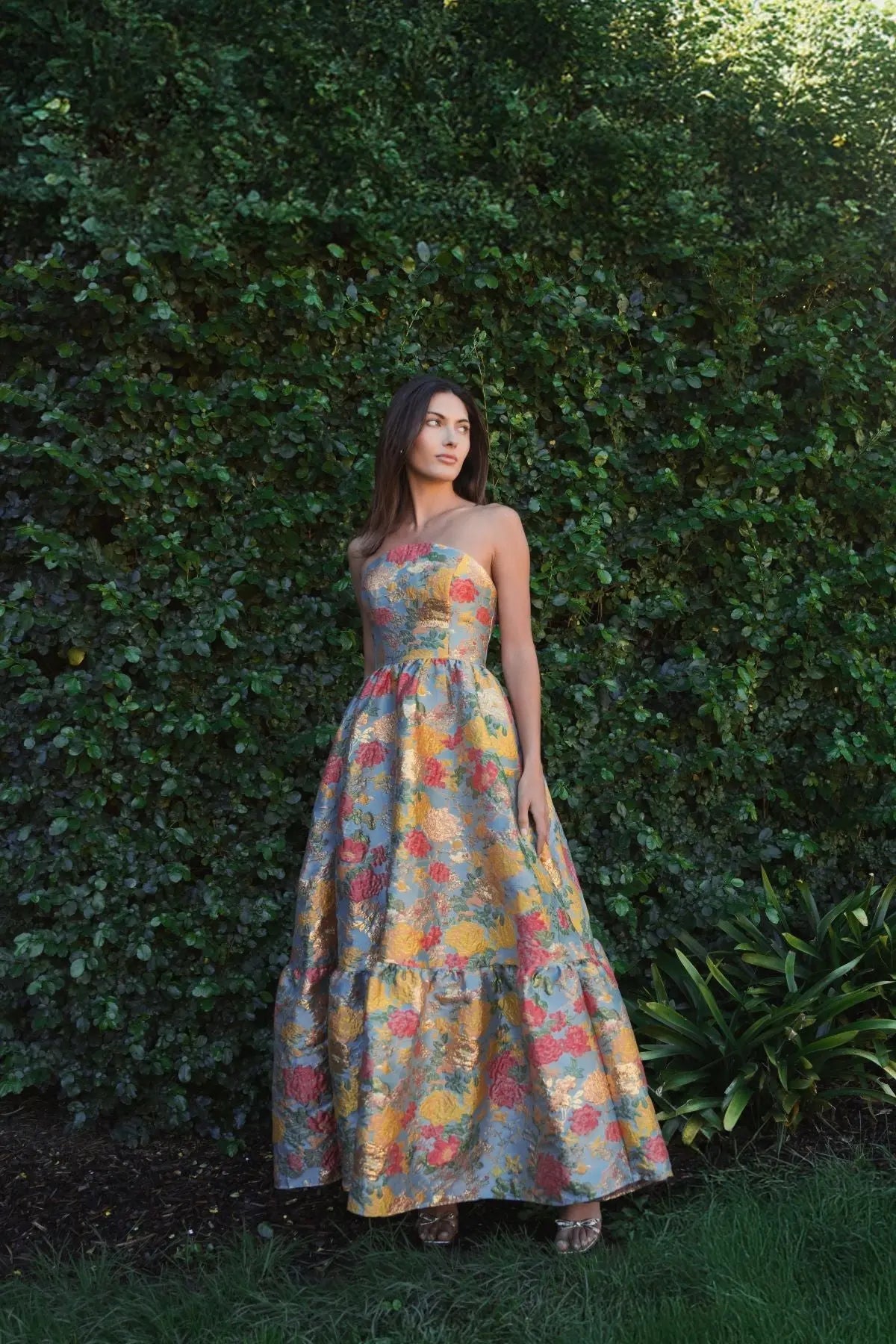 Multicolor Strapless Floral Brocade Dress with Ruffles - Image 4
