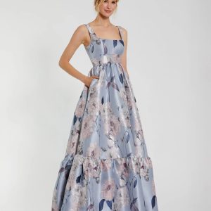 Blue Floral Printed Satin Gown with Pockets