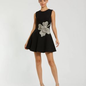 Black Sleeveless Crepe Mini Dress With Rhinestone Flower