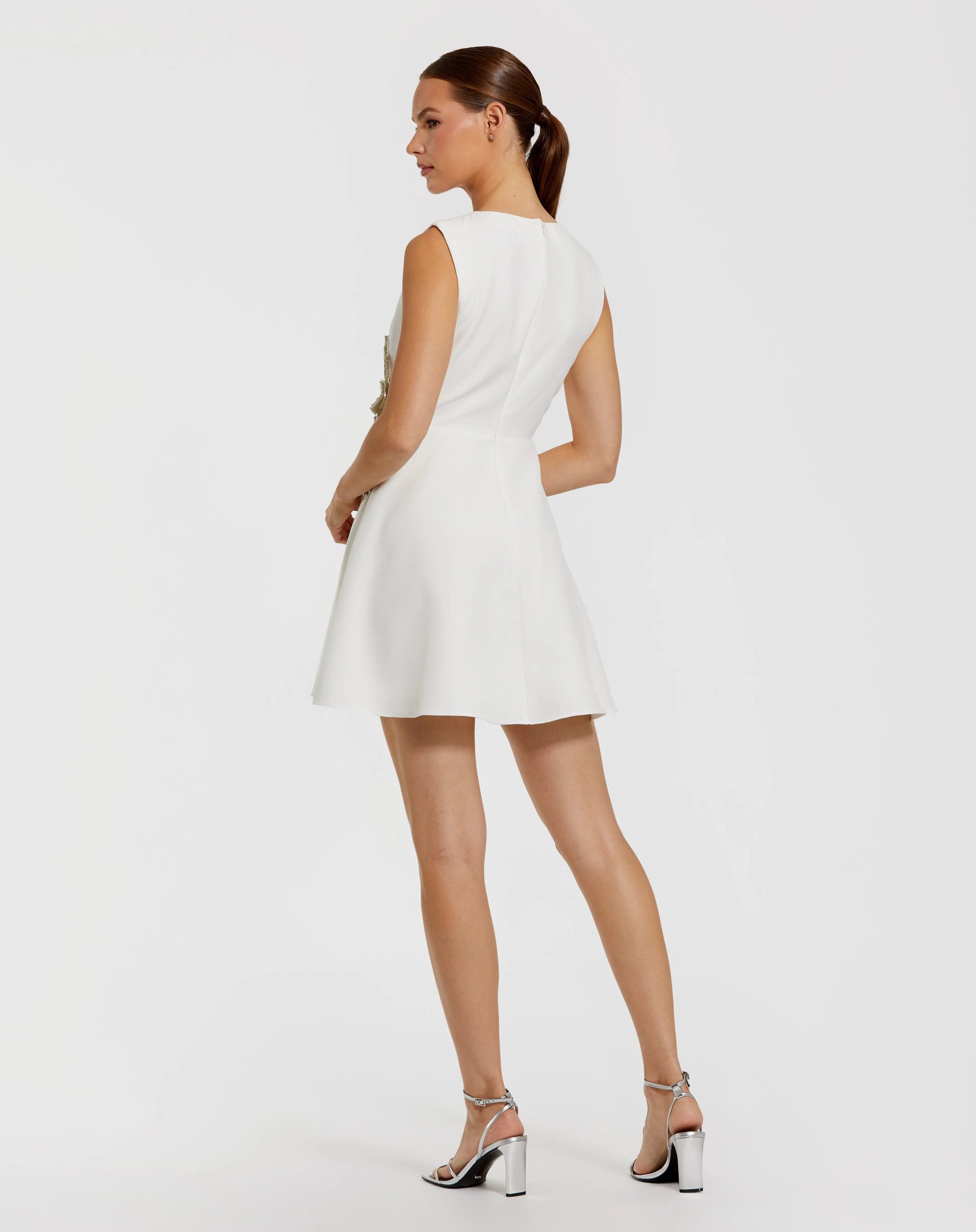 White Sleeveless Crepe Mini Dress With Rhinestone Flower - Image 3